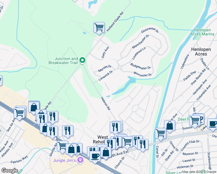 map of restaurants, bars, coffee shops, grocery stores, and more near 19708 Chelmer Drive in Rehoboth Beach