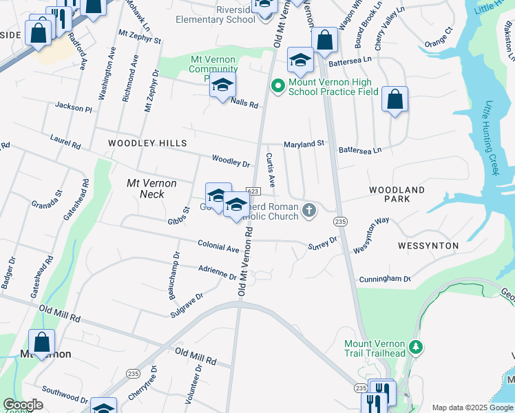 map of restaurants, bars, coffee shops, grocery stores, and more near 8709 Old Mount Vernon Road in Alexandria