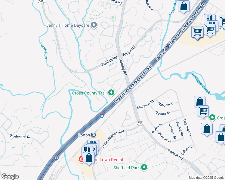 map of restaurants, bars, coffee shops, grocery stores, and more near 8728 Wadebrook Terrace in Springfield