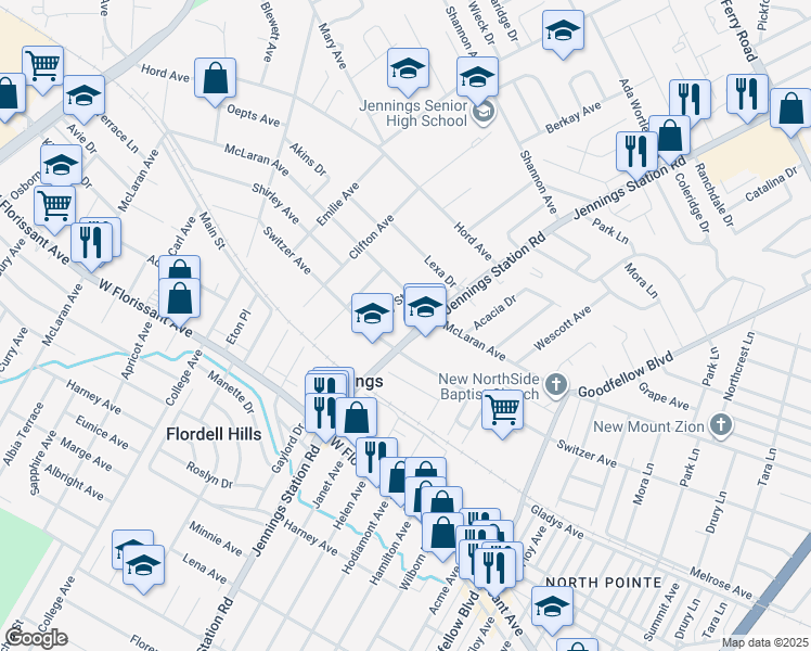 map of restaurants, bars, coffee shops, grocery stores, and more near 8629 Jennings Station Road in Jennings