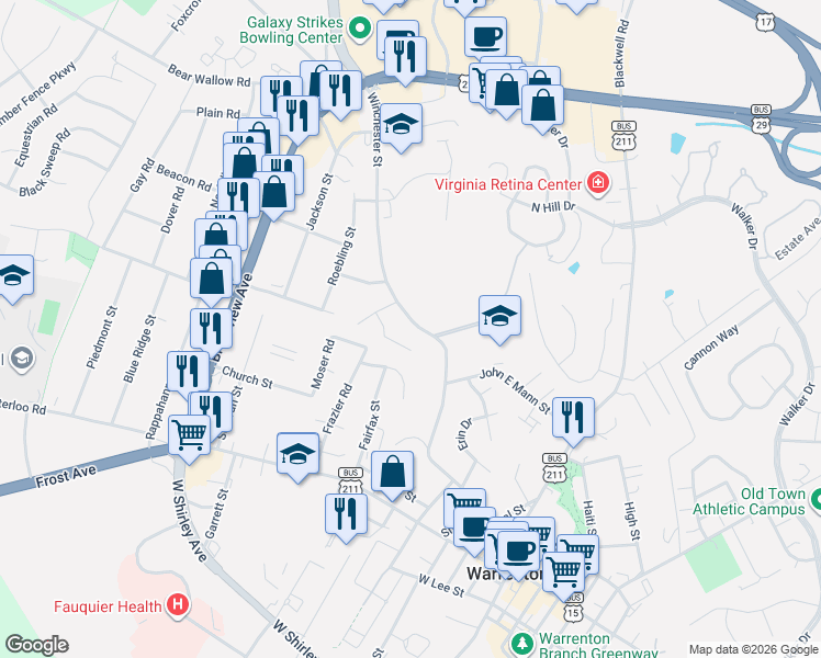 map of restaurants, bars, coffee shops, grocery stores, and more near 332 Winchester Street in Warrenton