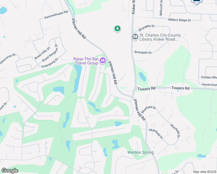 map of restaurants, bars, coffee shops, grocery stores, and more near 665 Killary Down in Weldon Spring