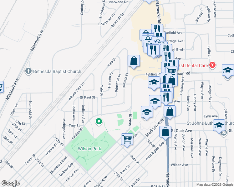 map of restaurants, bars, coffee shops, grocery stores, and more near 3230 Princeton Drive in Granite City