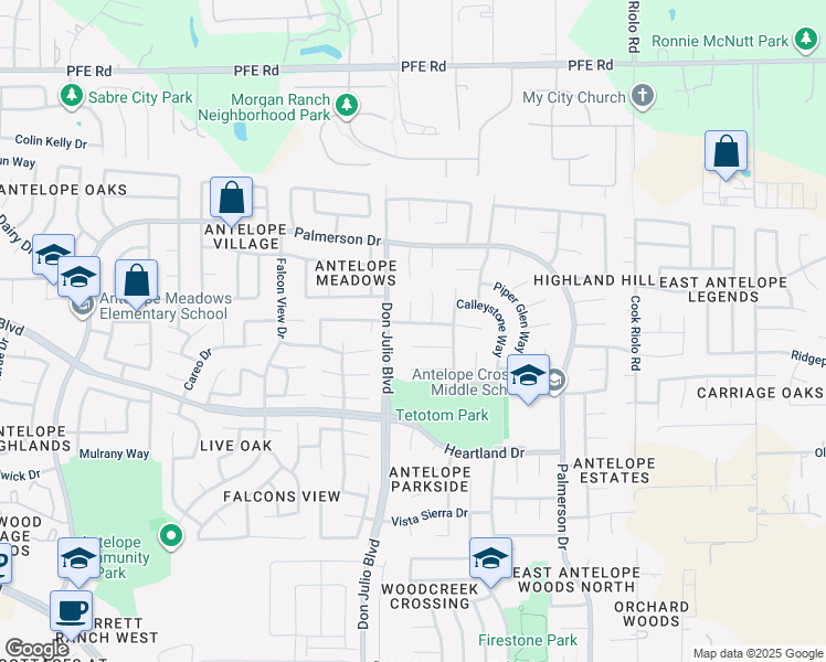 map of restaurants, bars, coffee shops, grocery stores, and more near 5112 Perth Glen Drive in Antelope