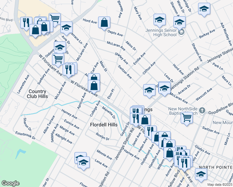 map of restaurants, bars, coffee shops, grocery stores, and more near 8347 Mayfair Place in Jennings