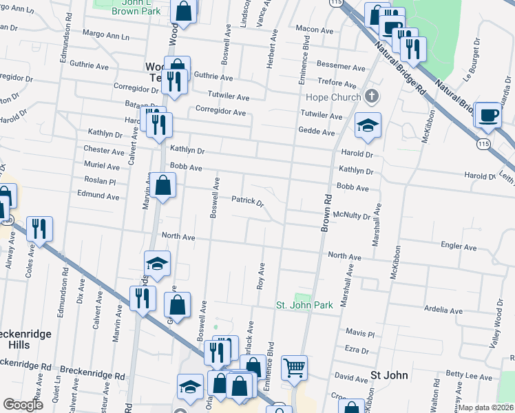 map of restaurants, bars, coffee shops, grocery stores, and more near 9042 Patrick Drive in St. Louis