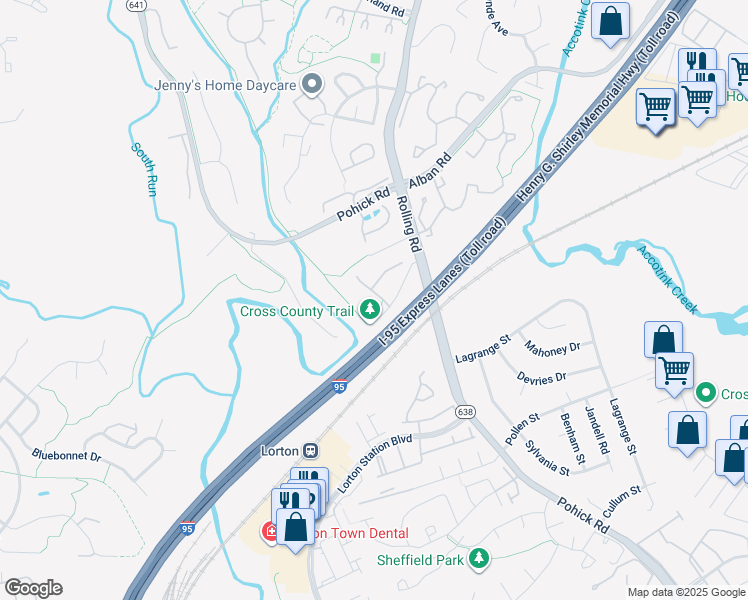 map of restaurants, bars, coffee shops, grocery stores, and more near 8728 Wadebrook Terrace in Springfield