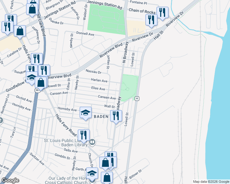 map of restaurants, bars, coffee shops, grocery stores, and more near 816 Elias Avenue in St. Louis