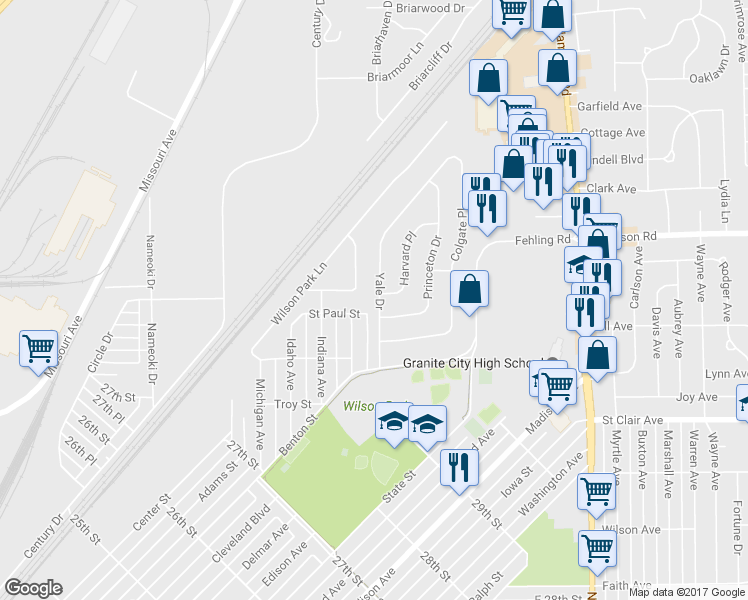 map of restaurants, bars, coffee shops, grocery stores, and more near 2908 Yale Drive in Granite City