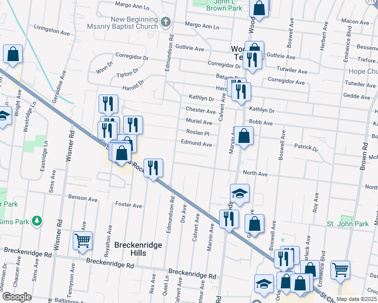 map of restaurants, bars, coffee shops, grocery stores, and more near 9429 Burdella Avenue in St. Louis
