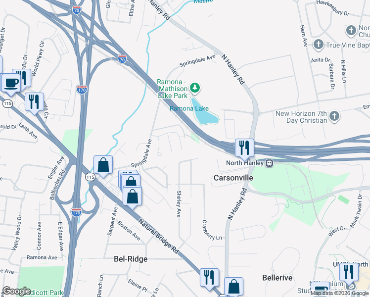 map of restaurants, bars, coffee shops, grocery stores, and more near 4308 Russet Drive in St. Louis