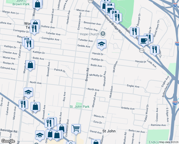 map of restaurants, bars, coffee shops, grocery stores, and more near 3724 Brown Road in Saint Louis