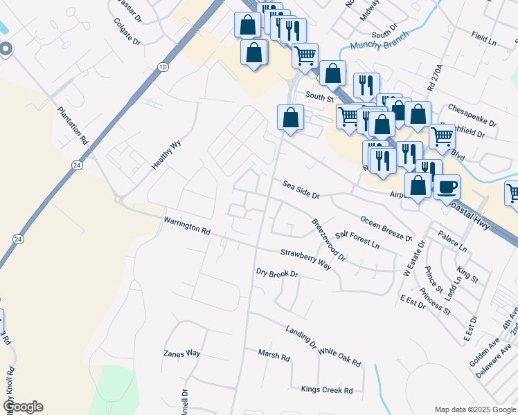 map of restaurants, bars, coffee shops, grocery stores, and more near 1 Caspian Way in Rehoboth Beach