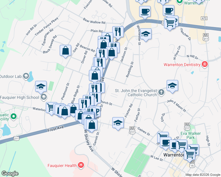map of restaurants, bars, coffee shops, grocery stores, and more near 145 Sullivan Street in Warrenton