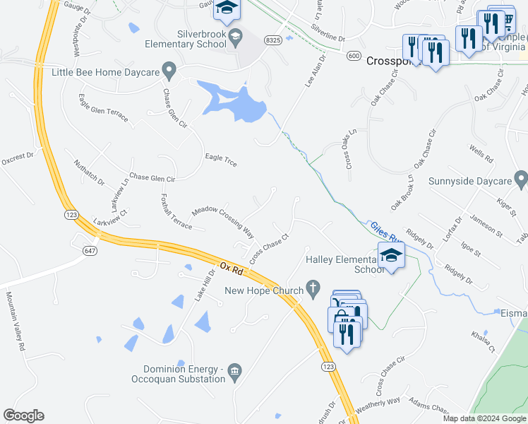 map of restaurants, bars, coffee shops, grocery stores, and more near 8623 Meadow Edge Terrace in Fairfax Station