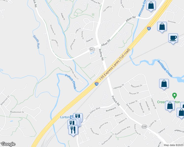 map of restaurants, bars, coffee shops, grocery stores, and more near 8724 Wadebrook Terrace in Springfield