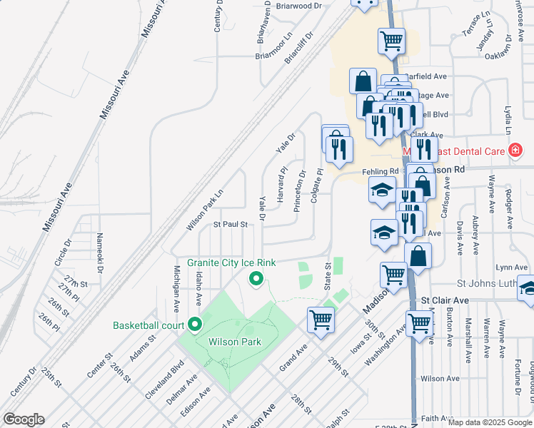 map of restaurants, bars, coffee shops, grocery stores, and more near 3124 Harvard Place in Granite City