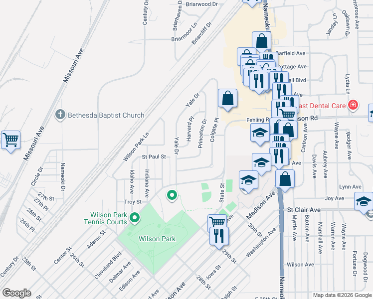 map of restaurants, bars, coffee shops, grocery stores, and more near 3132 Harvard Place in Granite City