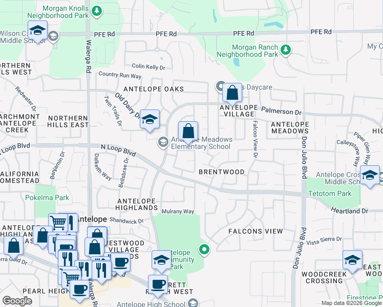 map of restaurants, bars, coffee shops, grocery stores, and more near 8342 Oakenshield Circle in Antelope