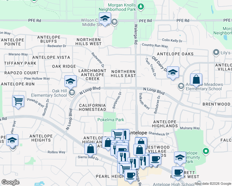 map of restaurants, bars, coffee shops, grocery stores, and more near 8335 Cypress Lake Court in Antelope