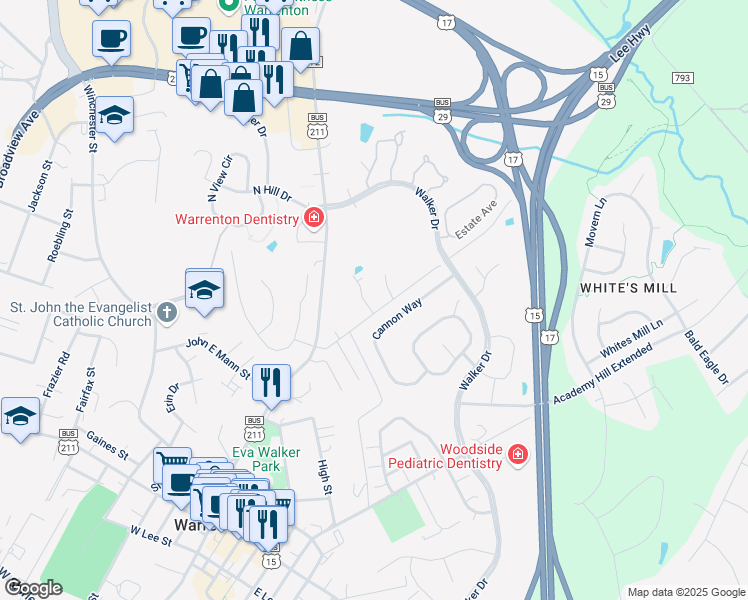 map of restaurants, bars, coffee shops, grocery stores, and more near 330 Alexandria Pike in Warrenton