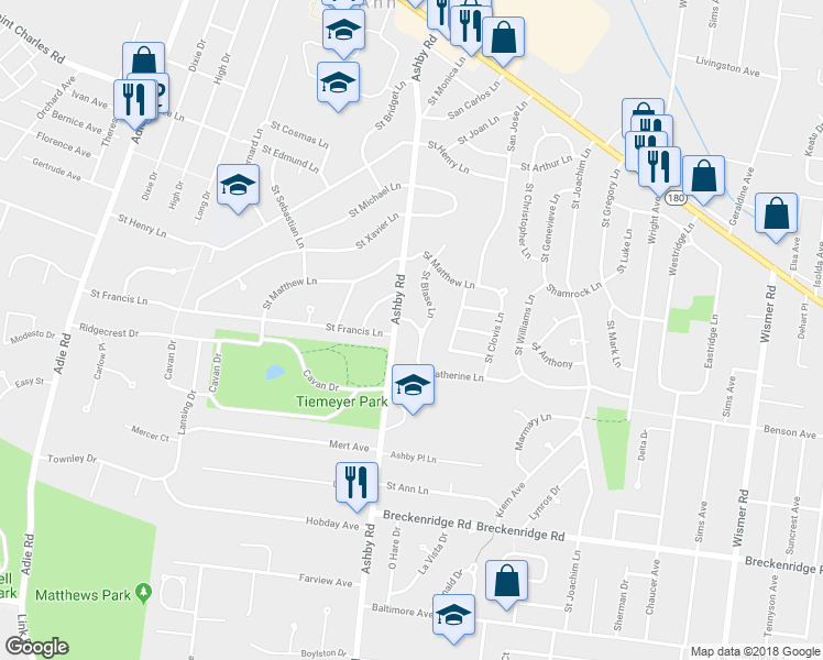 map of restaurants, bars, coffee shops, grocery stores, and more near 10406 Saint Katherine Lane in Saint Ann