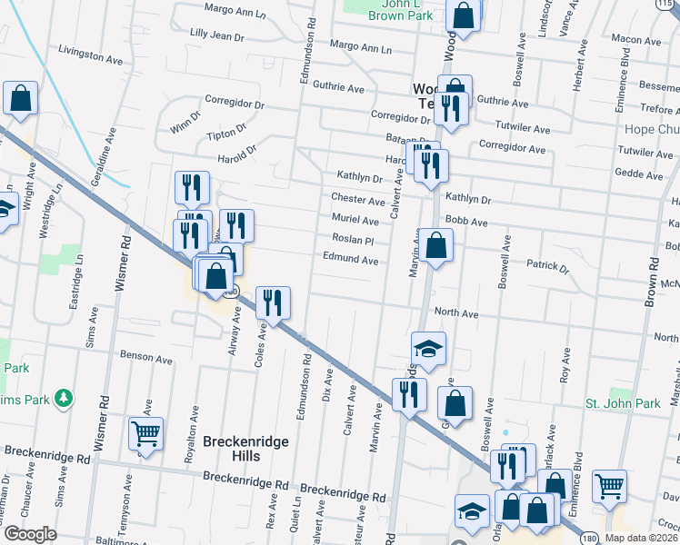 map of restaurants, bars, coffee shops, grocery stores, and more near 9429 Burdella Avenue in St. Louis