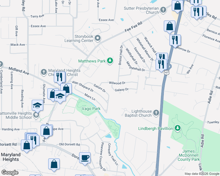 map of restaurants, bars, coffee shops, grocery stores, and more near 11076 Galaxy Drive in Maryland Heights