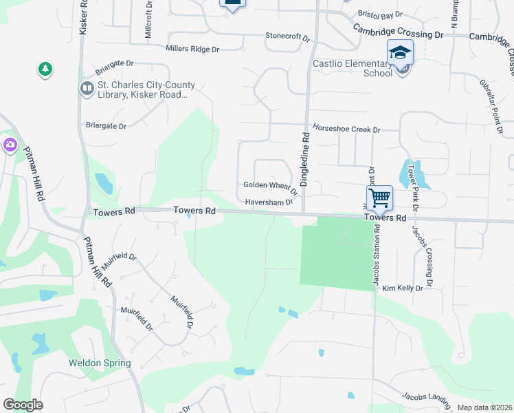 map of restaurants, bars, coffee shops, grocery stores, and more near 819 Haversham Drive in Saint Charles