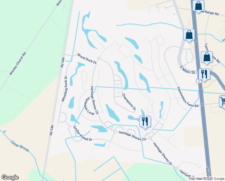 map of restaurants, bars, coffee shops, grocery stores, and more near 45 Champions Drive in Bridgeville