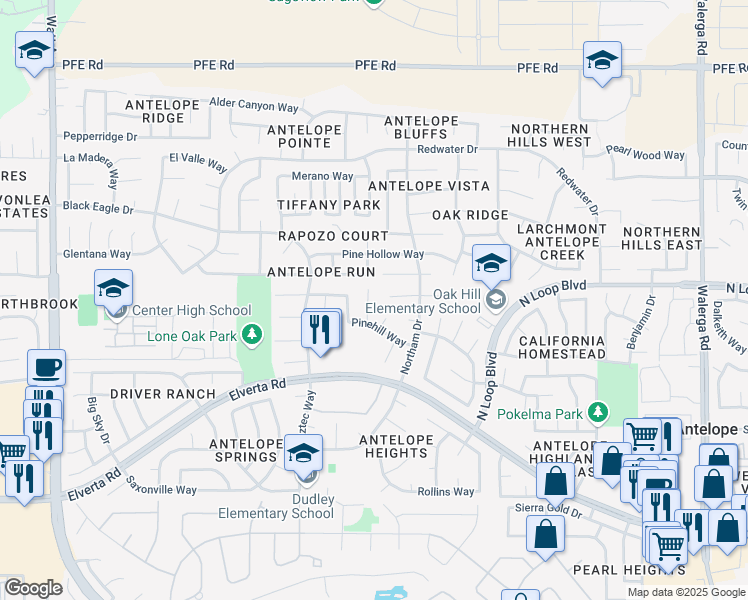 map of restaurants, bars, coffee shops, grocery stores, and more near 8338 Ruge Court in Antelope