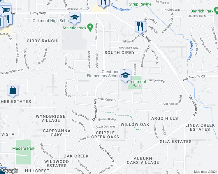 map of restaurants, bars, coffee shops, grocery stores, and more near 1517 Crestmont Oak Drive in Roseville