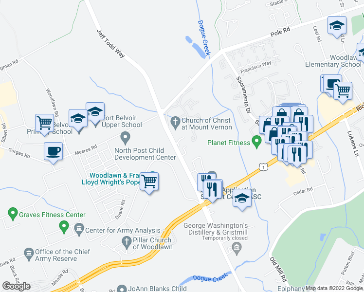 map of restaurants, bars, coffee shops, grocery stores, and more near 8760 Mill Towns Court in Alexandria
