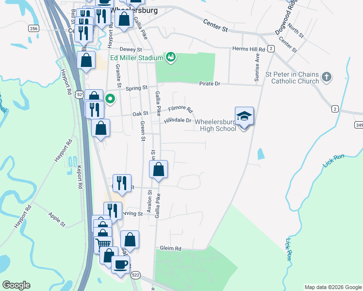 map of restaurants, bars, coffee shops, grocery stores, and more near 403 Jo-Ell in Wheelersburg