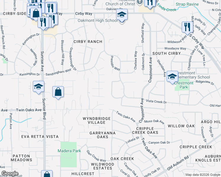 map of restaurants, bars, coffee shops, grocery stores, and more near 1518 Pine Valley Circle in Roseville