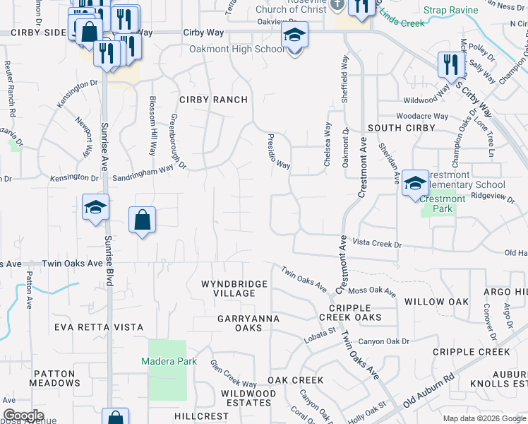 map of restaurants, bars, coffee shops, grocery stores, and more near 1304 Gold Pan Drive in Roseville