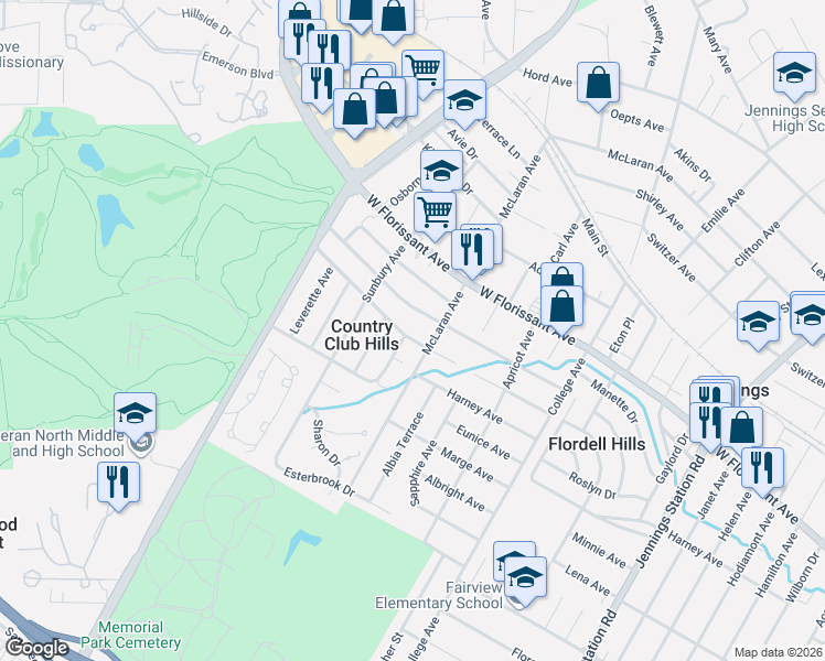 map of restaurants, bars, coffee shops, grocery stores, and more near 7423 Jenwood Avenue in St. Louis