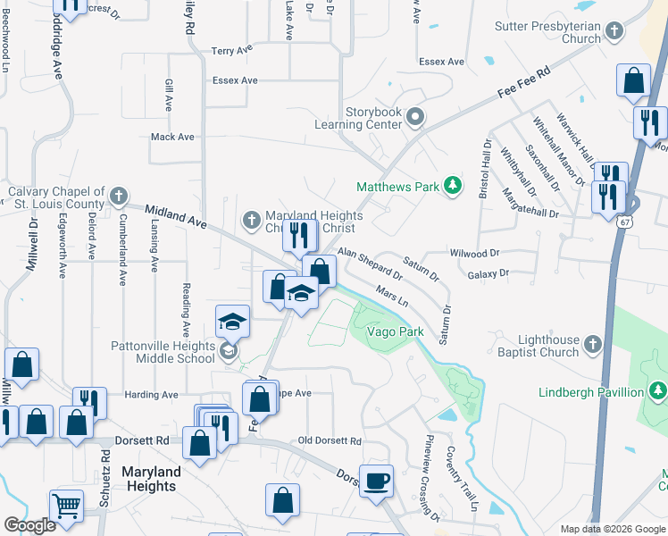 map of restaurants, bars, coffee shops, grocery stores, and more near 2800 Fee Fee Road in Maryland Heights