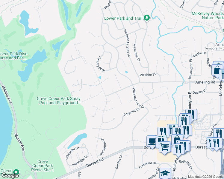 map of restaurants, bars, coffee shops, grocery stores, and more near 12145 Ameling Road in Maryland Heights