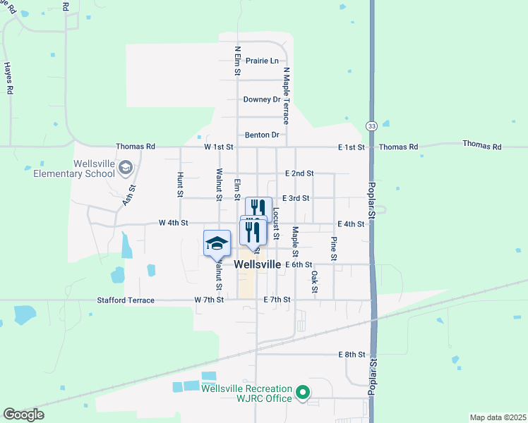 map of restaurants, bars, coffee shops, grocery stores, and more near 318 Main Street in Wellsville