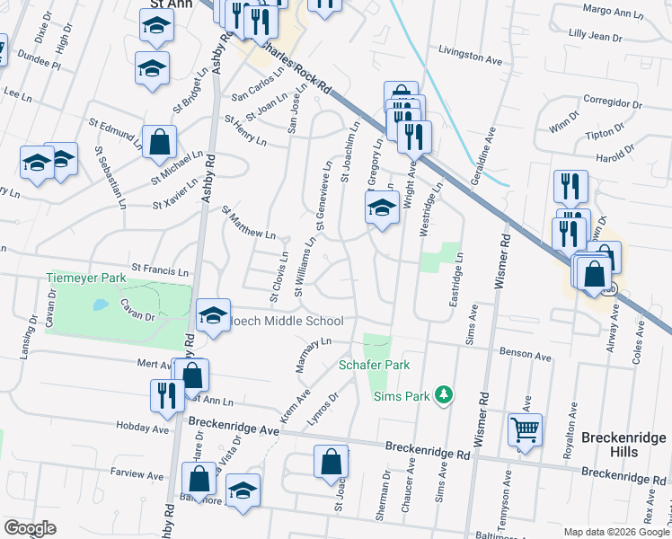 map of restaurants, bars, coffee shops, grocery stores, and more near 10228 Saint Richard Lane in Saint Ann