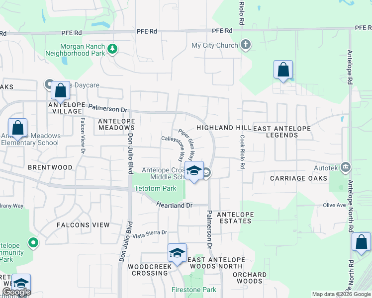 map of restaurants, bars, coffee shops, grocery stores, and more near 8328 Piper Glen Way in Antelope
