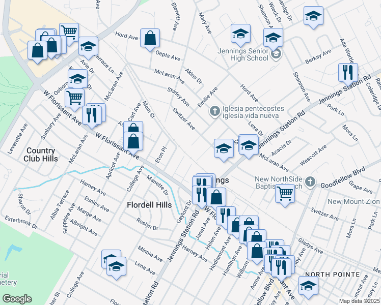 map of restaurants, bars, coffee shops, grocery stores, and more near 8502 Clifton Avenue in Jennings