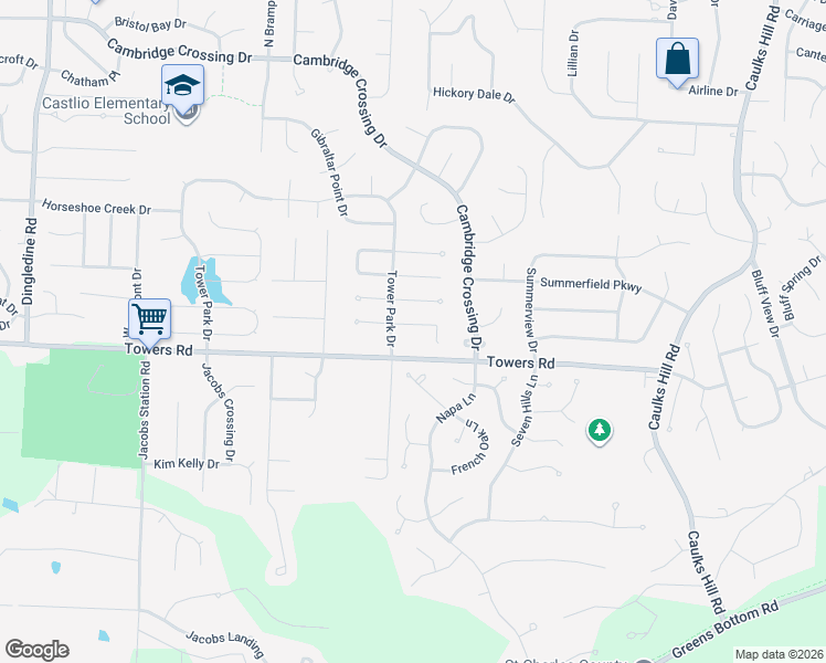 map of restaurants, bars, coffee shops, grocery stores, and more near 805 Woolwick Court in Saint Charles