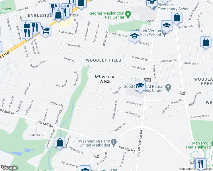 map of restaurants, bars, coffee shops, grocery stores, and more near 8704 Greystone Place in Alexandria