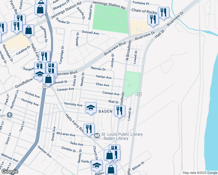 map of restaurants, bars, coffee shops, grocery stores, and more near 854 Elias Avenue in Saint Louis