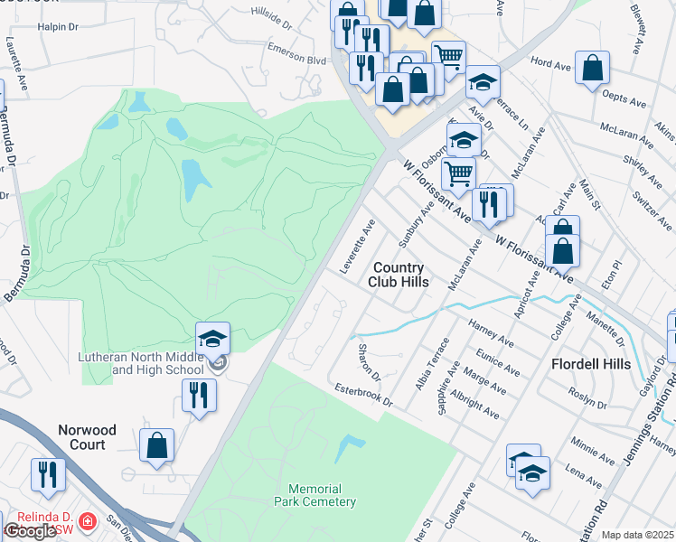 map of restaurants, bars, coffee shops, grocery stores, and more near 5601 Leverette Avenue in St. Louis