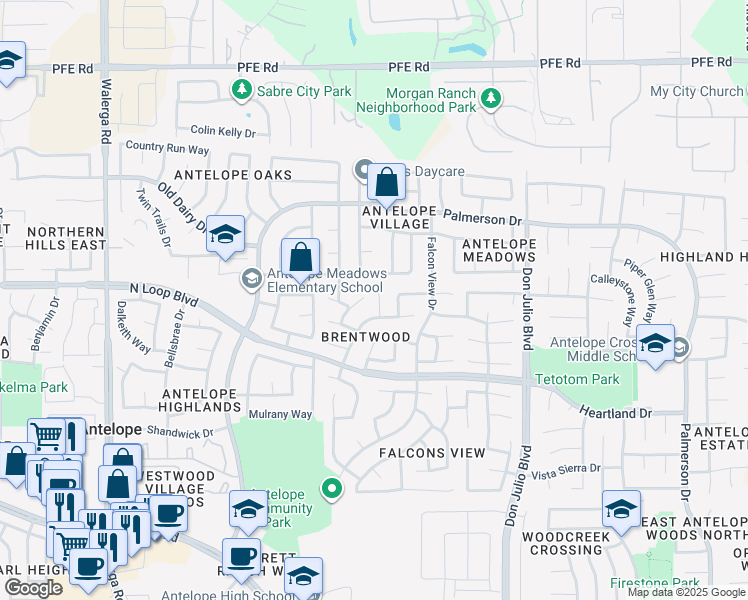 map of restaurants, bars, coffee shops, grocery stores, and more near 8337 Elegans Court in Antelope