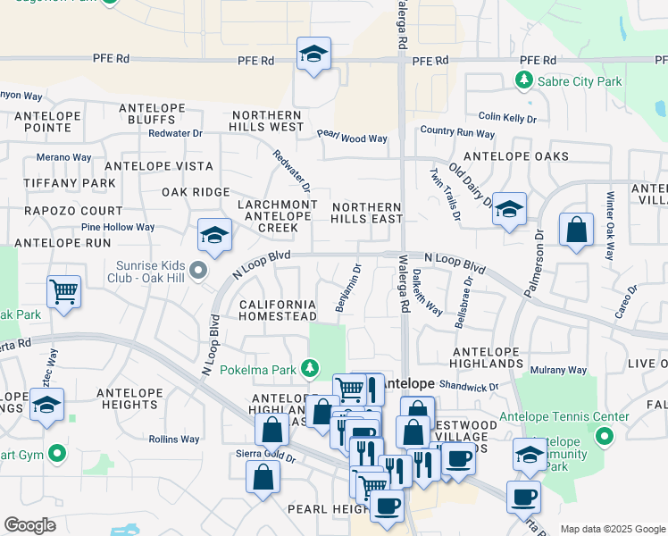 map of restaurants, bars, coffee shops, grocery stores, and more near 8335 Cypress Lake Court in Antelope