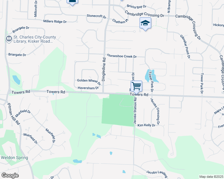 map of restaurants, bars, coffee shops, grocery stores, and more near 4132 Towers Road in Saint Charles